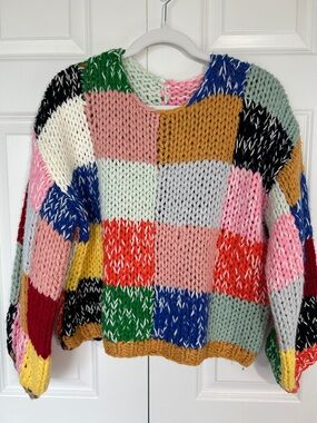 En Creme Multicolor Patchwork Chunky Knit Sweater